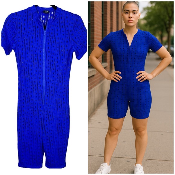Aria Women's Zip Up Body con Hollow Romper Royal Blue Size Small - Picture 1 of 9